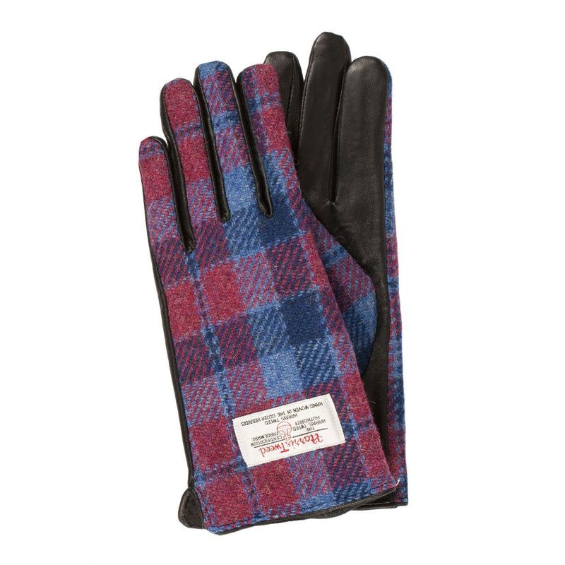 Women's Harris Tweed Leather Gloves Light Blue & Pink Check