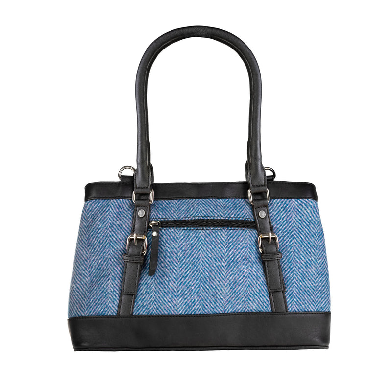 Ladies Ht Leather Hand Bag Blue & Pink Herringbone / Black