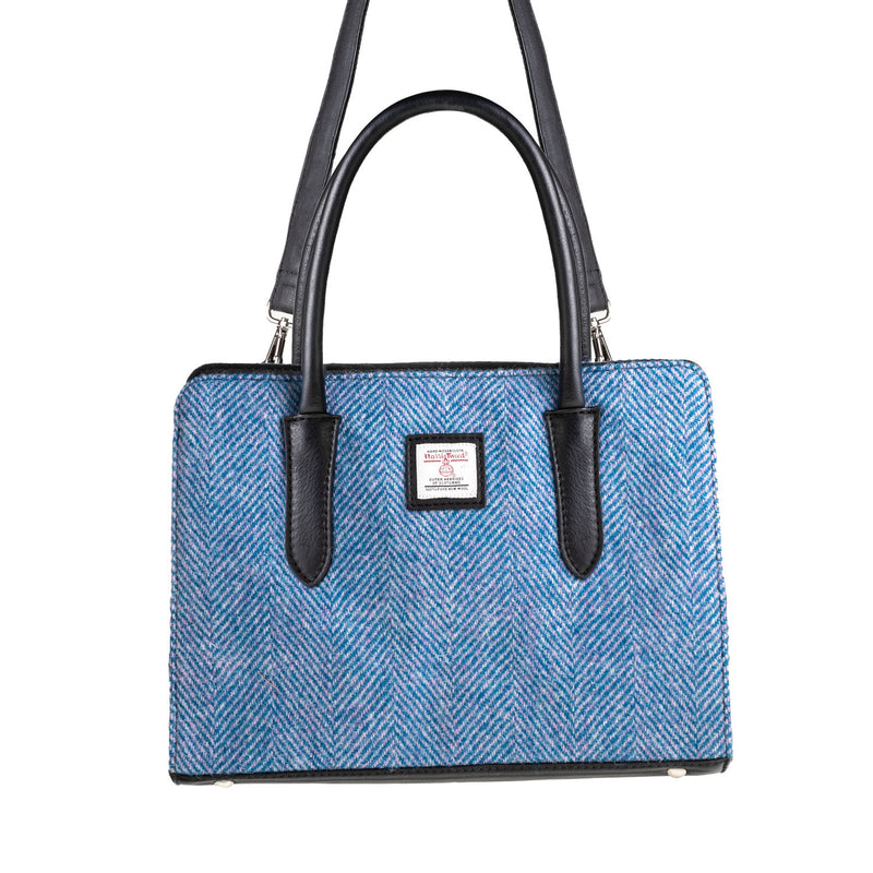 Ladies Ht Leather Hand Bag Blue & Pink Herringbone / Black