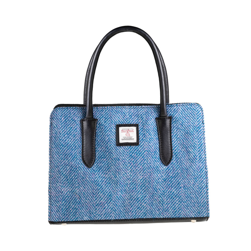 Ladies Ht Leather Hand Bag Blue & Pink Herringbone / Black