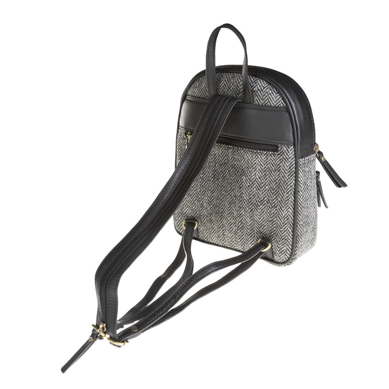 Ladies Ht Leather Zipped Backpack Black & White Herringbone / Black