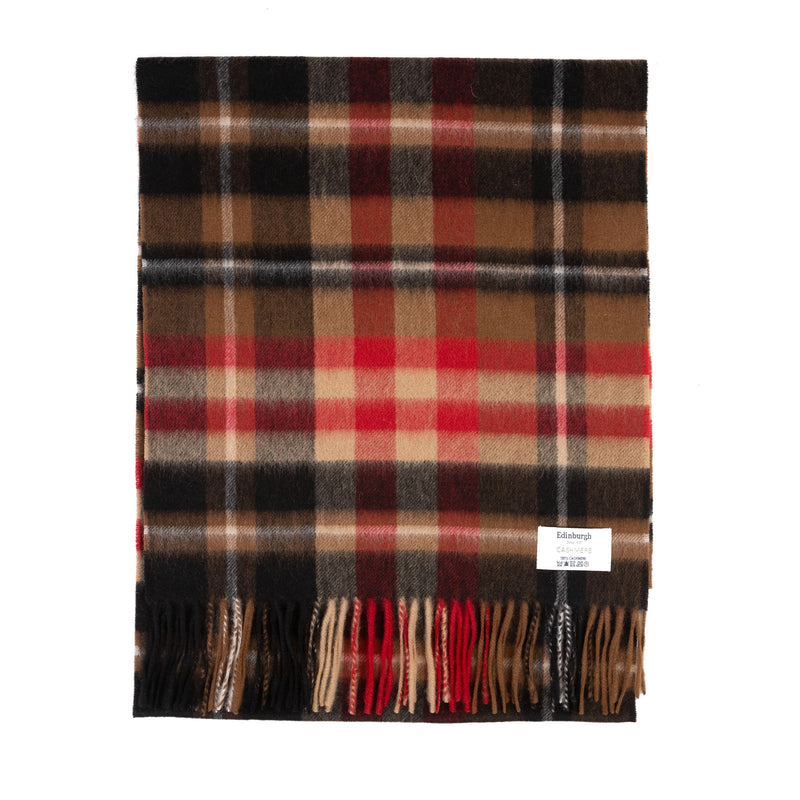 100% Cashmere Wide Tartan Scarf Mile Check - Vicuna/Camel/Bordeaux