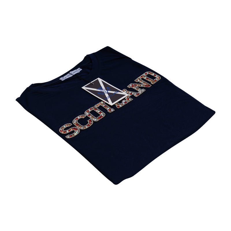 Ladies Diamante Scotland T-Shirt Navy