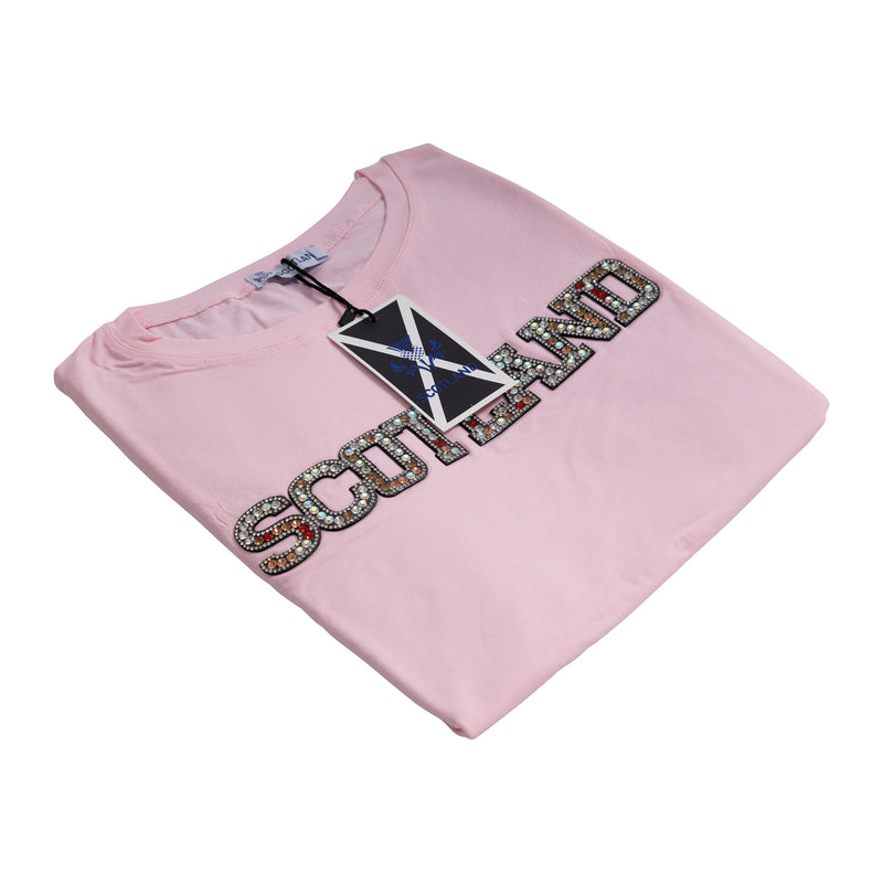 Ladies Diamante Scotland T-Shirt Pink