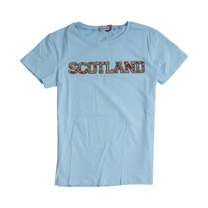 Ladies Diamante Scotland T-Shirt Sky