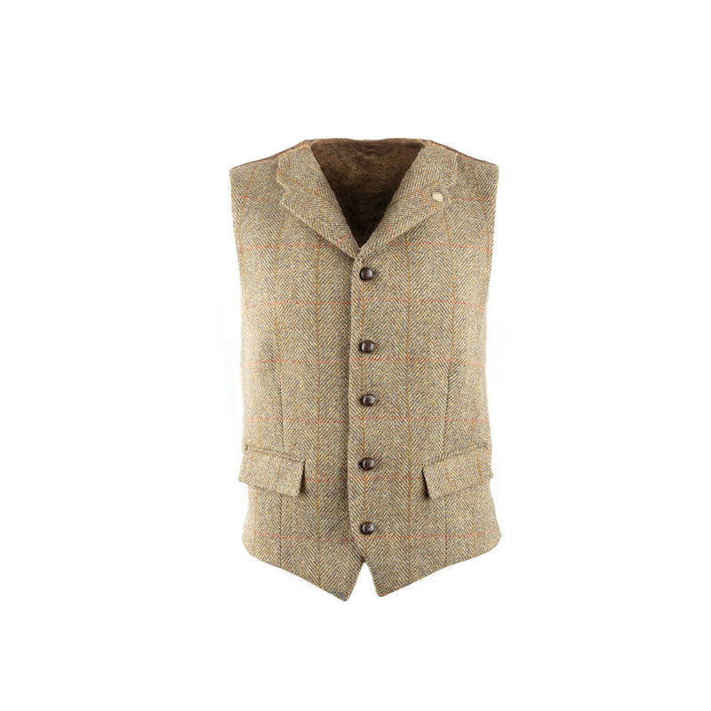 Mens Angus Harris Tweed Waistcoat Hb310-B5 Green Check Mustard