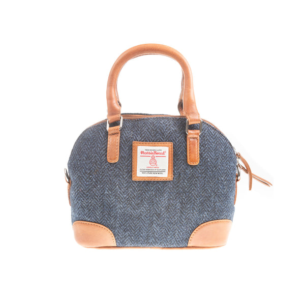 Ladies Ht Leather Hand Bag Navy Blue Herringbone / Tan