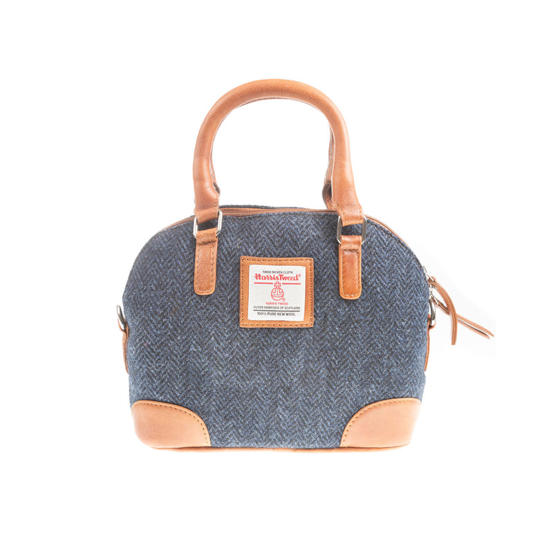 Ladies Ht Leather Hand Bag Navy Blue Herringbone / Tan