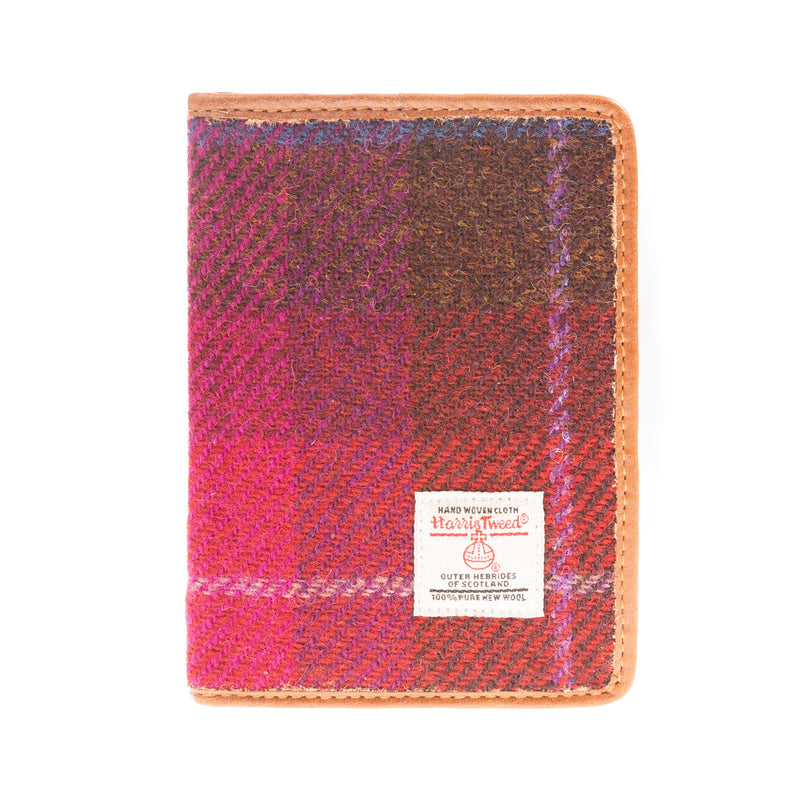 Harris Tweed Leather Passport Cover Cerise Check / Tan