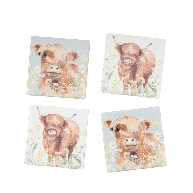 Highland Cow Floral Coaster Set Of 4