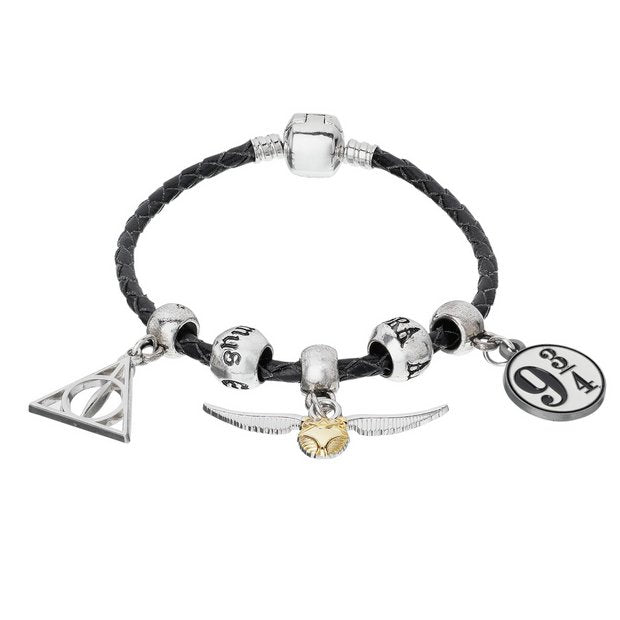 Black Leather Bracelet Including Charms Set Deathly Hallows, Snitch, Platform 9 3/4 & 2 Spellbeads