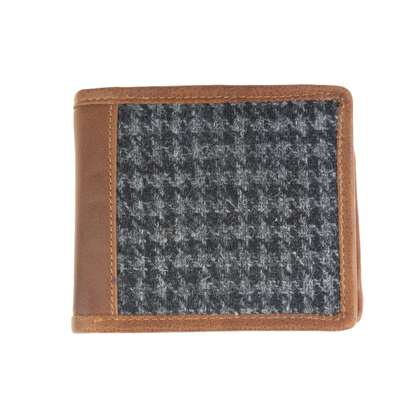 Mens Ht Leather Wallet Black And Grey Houndstooth / Tan