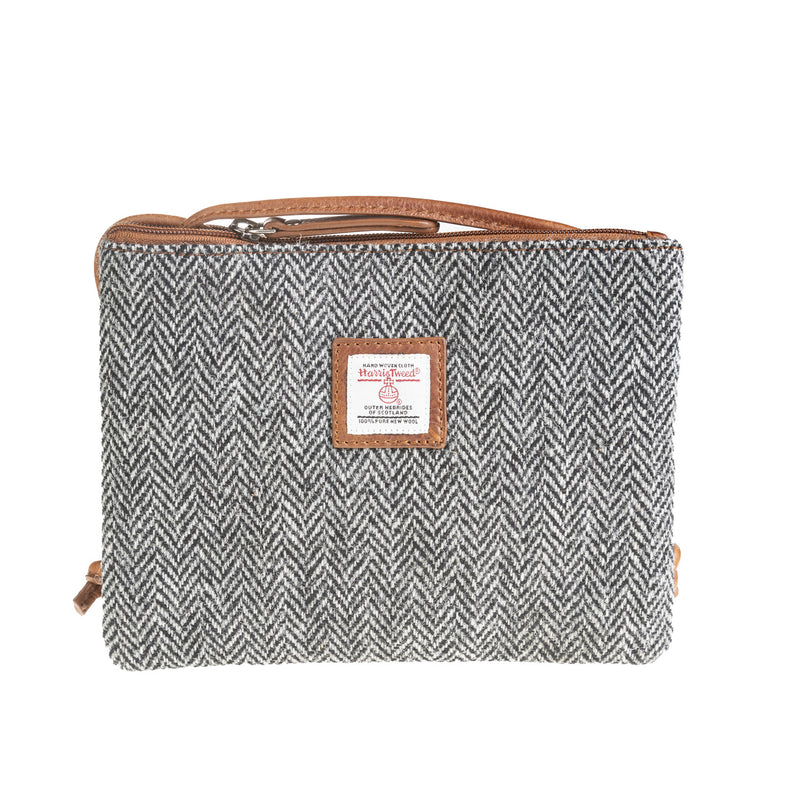 Ht Ladies Cross Body Bag Black & White Herringbone / Tan