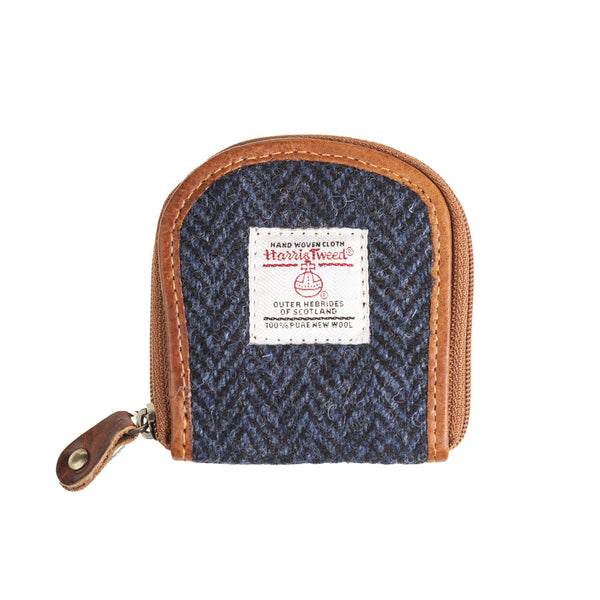 Ladies Ht Leather Coin Purse Navy Blue Herringbone / Tan