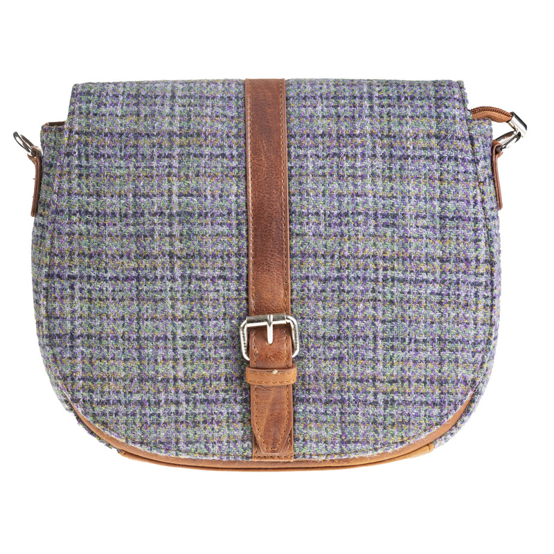 Ladies Ht Leather Flap Over Bag Purple Green Check / Tan