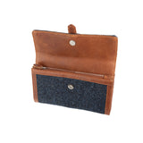 Ladies Ht Leather Long Purse Navy Blue Herringbone / Tan