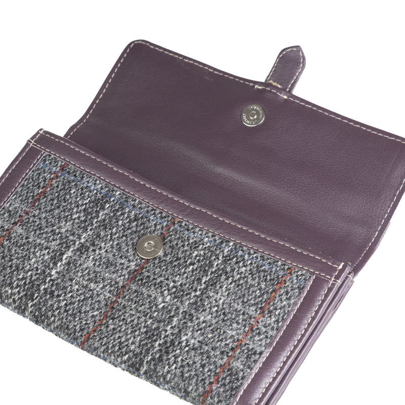 Ladies Ht Leather Long Purse Grey & Red Check / Maroon