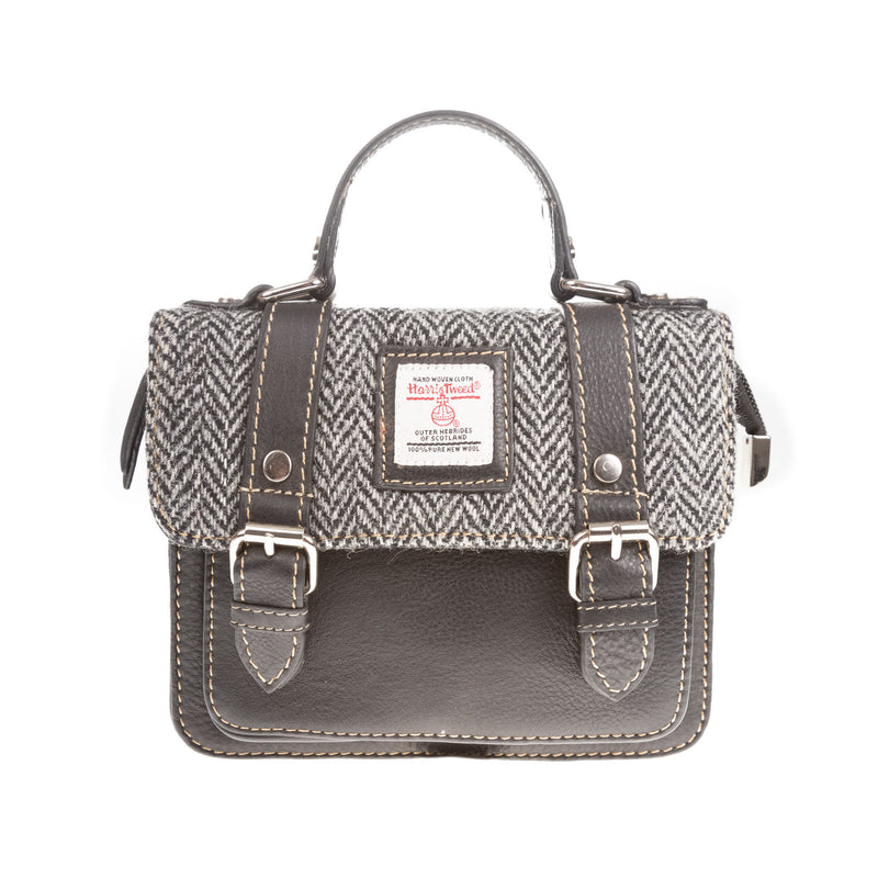 Harris Tweed Mini Satchel Bag Black & White Herringbone / Black