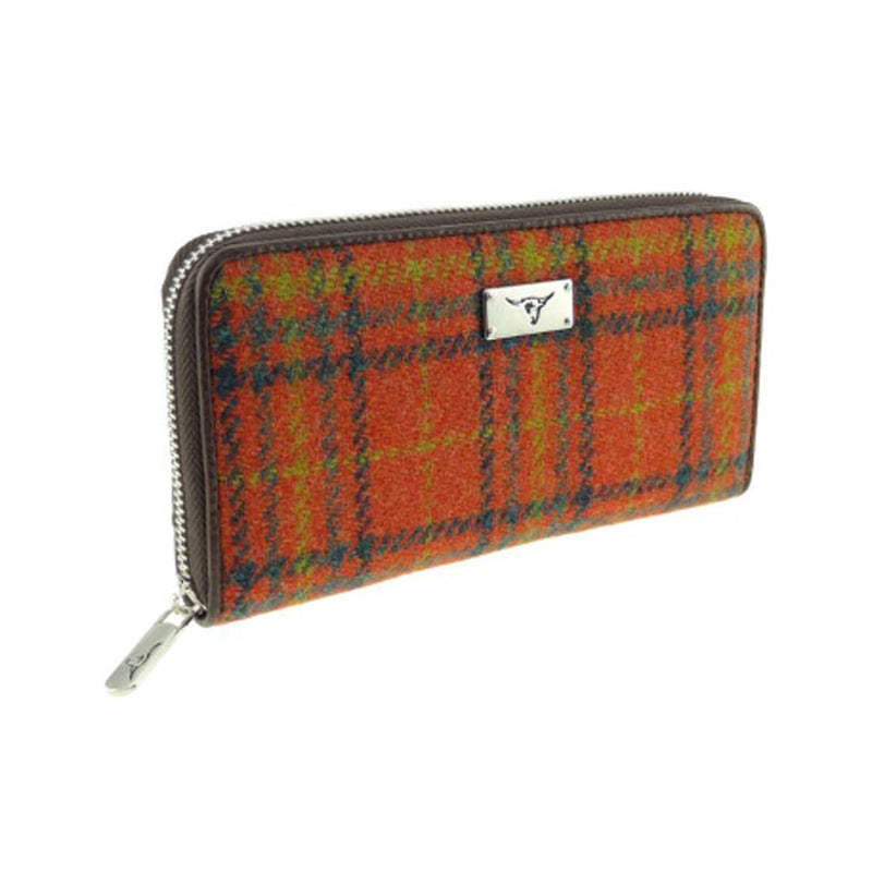 Harris Tweed Long Zip Purse - Staffa Rust/ Orange Overcheck