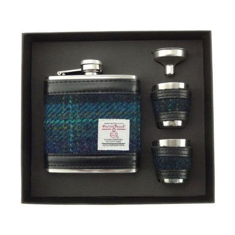 6Oz H/ Tweed Hip Flask Gift Set Gift Box Blue / Turquoise Overcheck