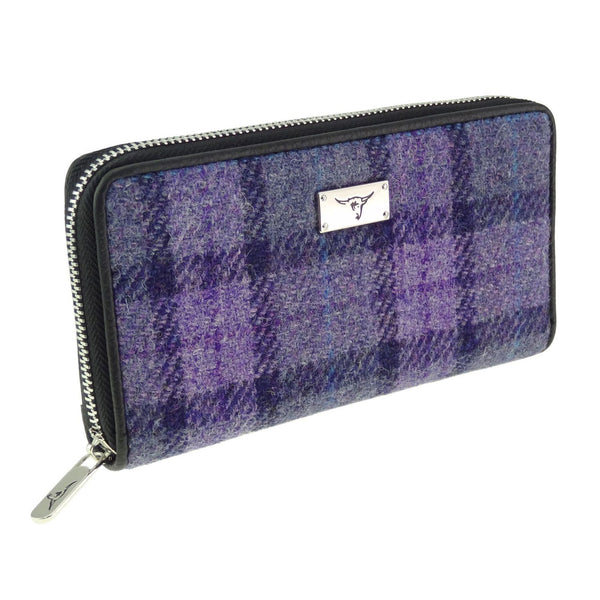 Harris Tweed Long Zip Purse-Staffa Bold Purple Check