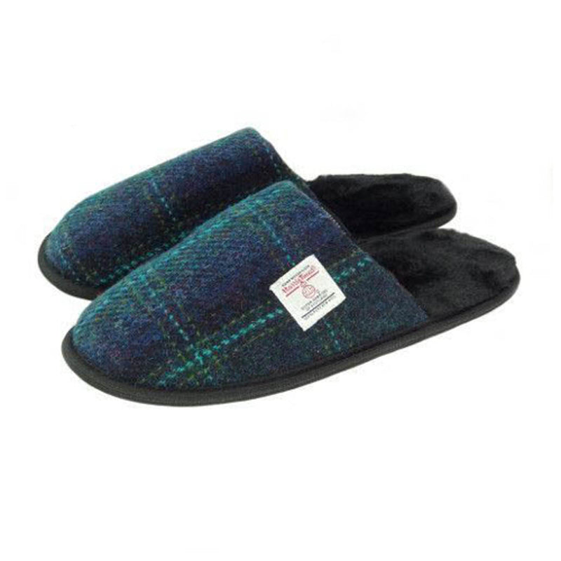 Harris Tweed Slippers Blue / Turquoise Overcheck