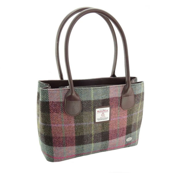 Harris Tweed Ladies Handbag - Classic Muted Green & Rose Pink Tartan