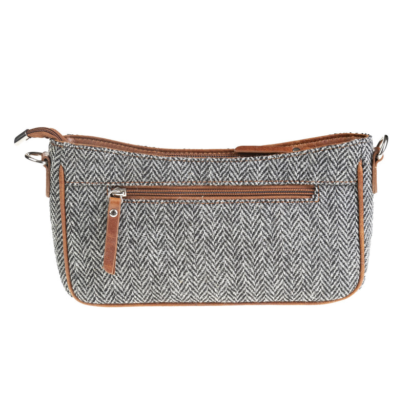 Ladies Ht Leather Hand Bag Black & White Herringbone / Tan
