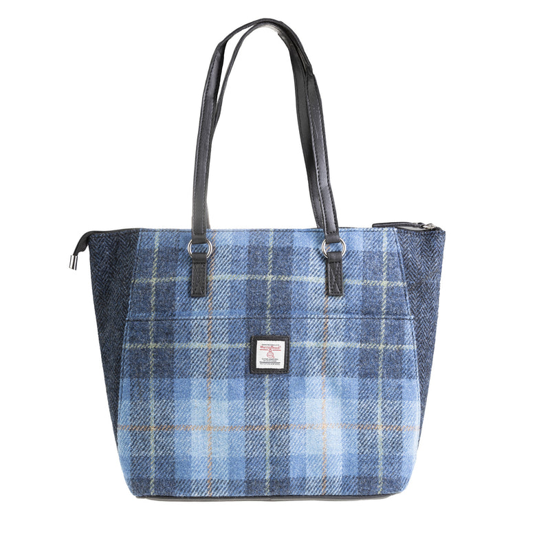 Ladies Ht Vegan Leather Tote Bag Blue Check W. Navy Blue Hb / Black