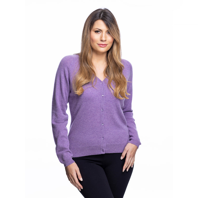 100% Cashmere Ladies V Neck Cardigan Heather