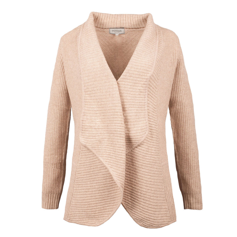 Ladies Cashmere 2 Ply Ribbed Plain Cardigan Sand Beige