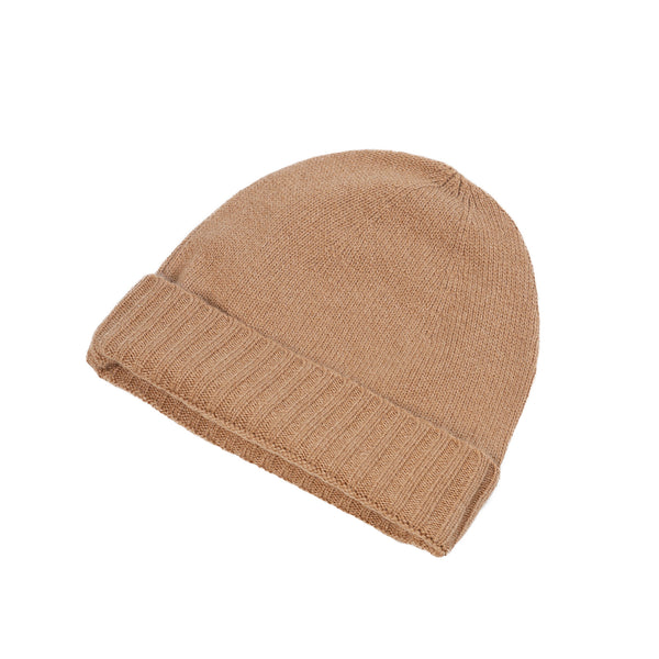 Plain Knit Ladies Beanie Rib Turn Up Camel