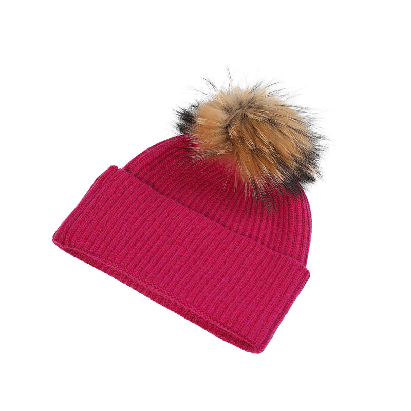 Luxury Rib Deep Turn Up Ladies Beaniepom Fuchsia