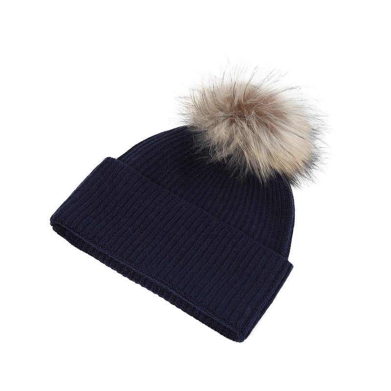 Luxury Rib Deep Turn Up Ladies Beaniepom Navy