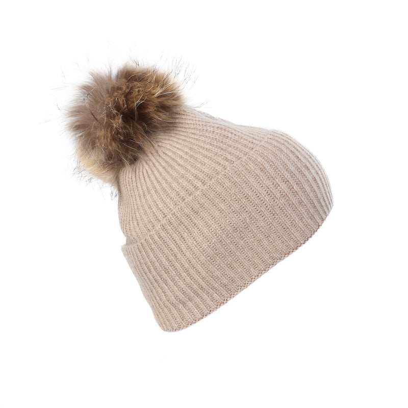 Luxury Rib Deep Turn Up Ladies Beaniepom Sand Beige