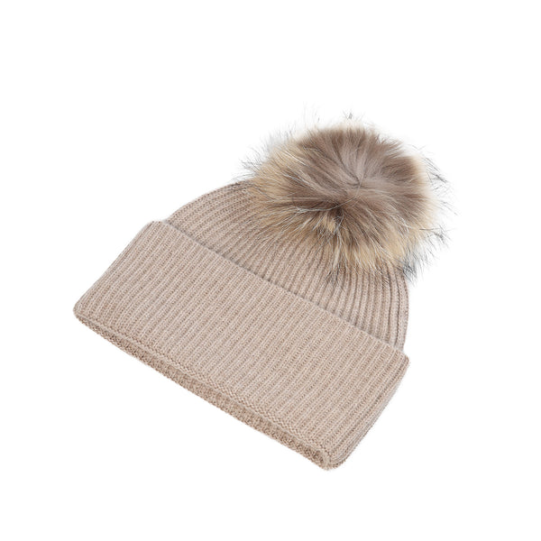 Luxury Rib Deep Turn Up Ladies Beaniepom Sand Beige