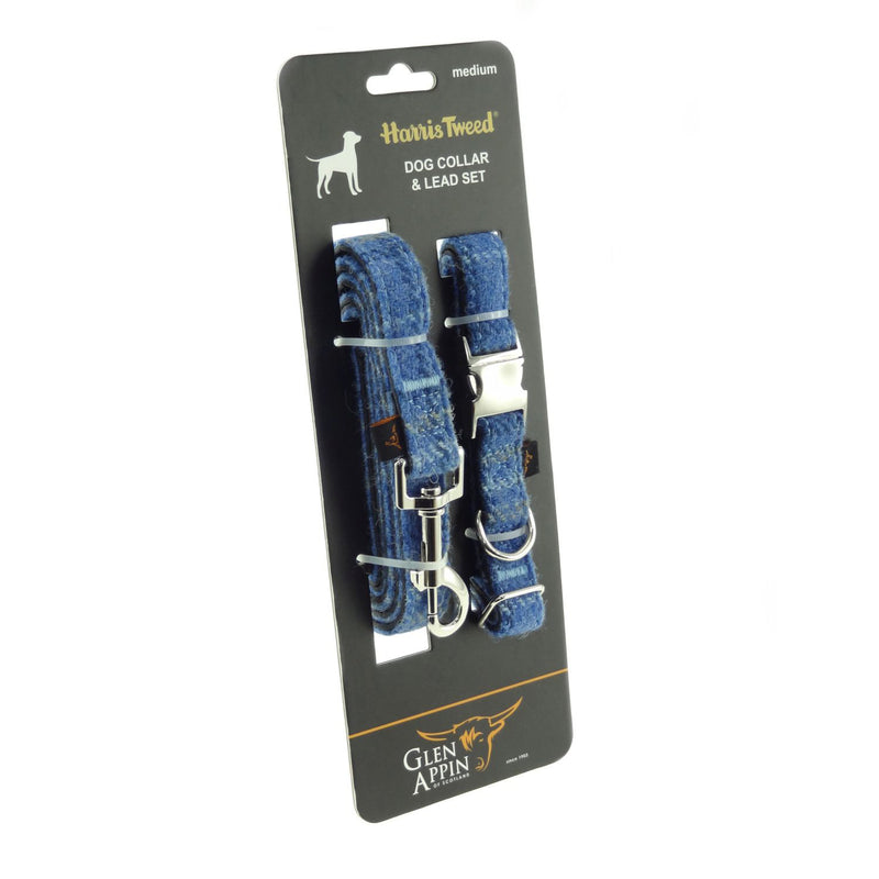 Harris Tweed Dog Collar And Lead Set Light Blue Check