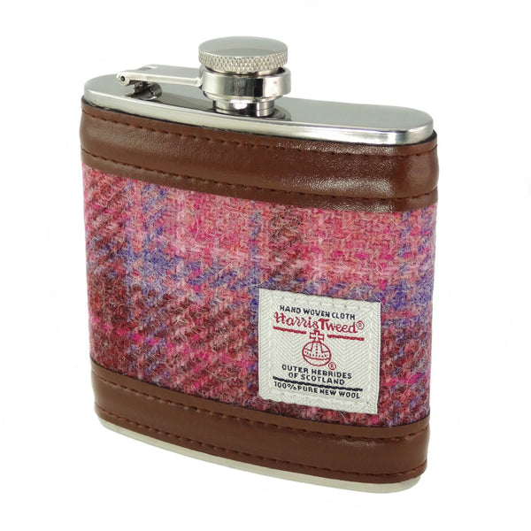 Harris Tweed Hip Flask Pink Check