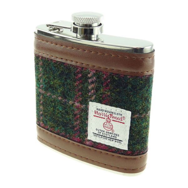 Harris Tweed Hip Flask Dark Green And Plum Check