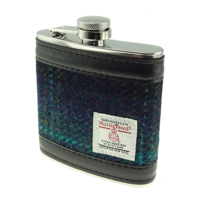 Harris Tweed Hip Flask Blue / Turquoise Overcheck