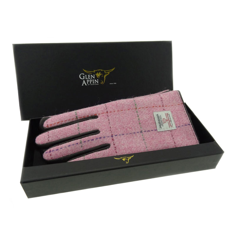 Ladies Brown Leather & Tweed Gloves Bright Pink Overcheck