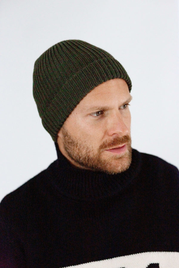 Men's Peregrine Porter Ribbed Beanie Hat Wool Made In England Olive