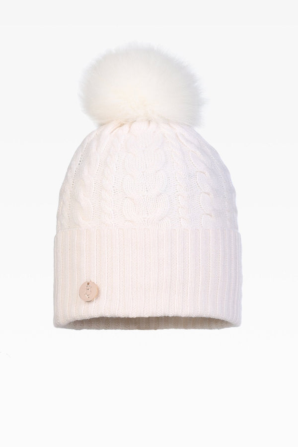 Eve Cable Pom Pom Hat - Real Fur - Dunedin Cashmere