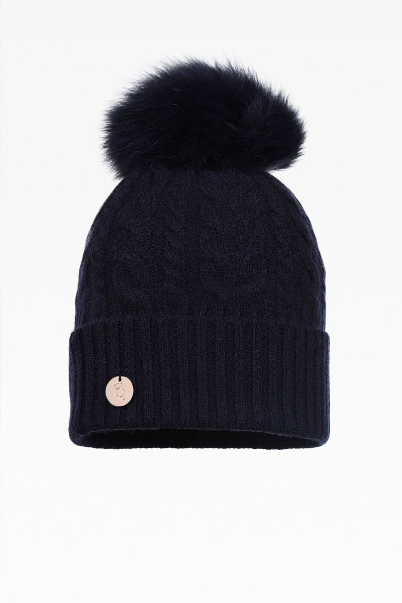 Eve Cable Pom Pom Hat - Real Fur - Dunedin Cashmere