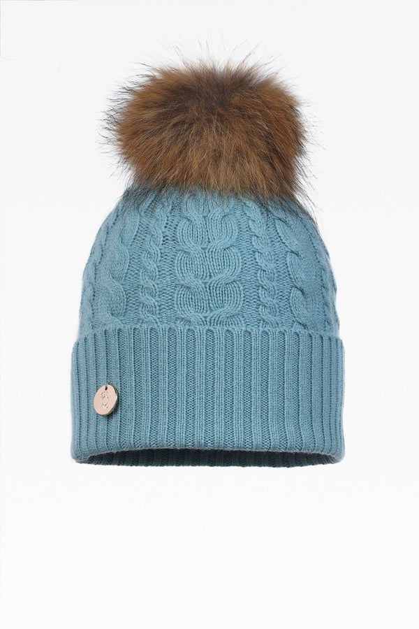 Eve Cable Pom Pom Hat - Real Fur - Dunedin Cashmere