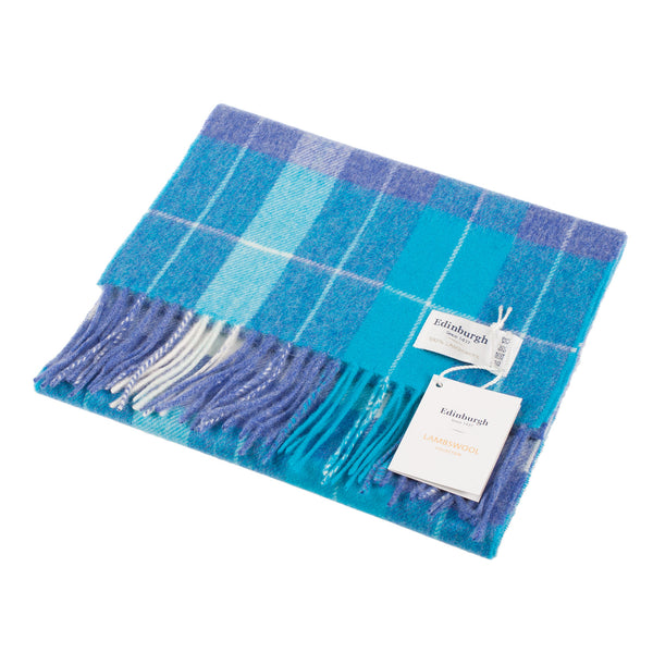 Edinburgh 100% Lambswool Tartan Scarf Heivon Check - Denim/Aqua/Lazuli