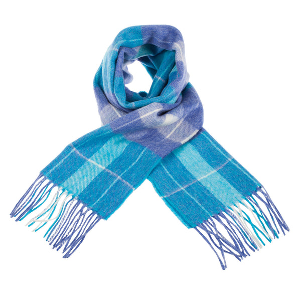 Edinburgh 100% Lambswool Tartan Scarf Heivon Check - Denim/Aqua/Lazuli