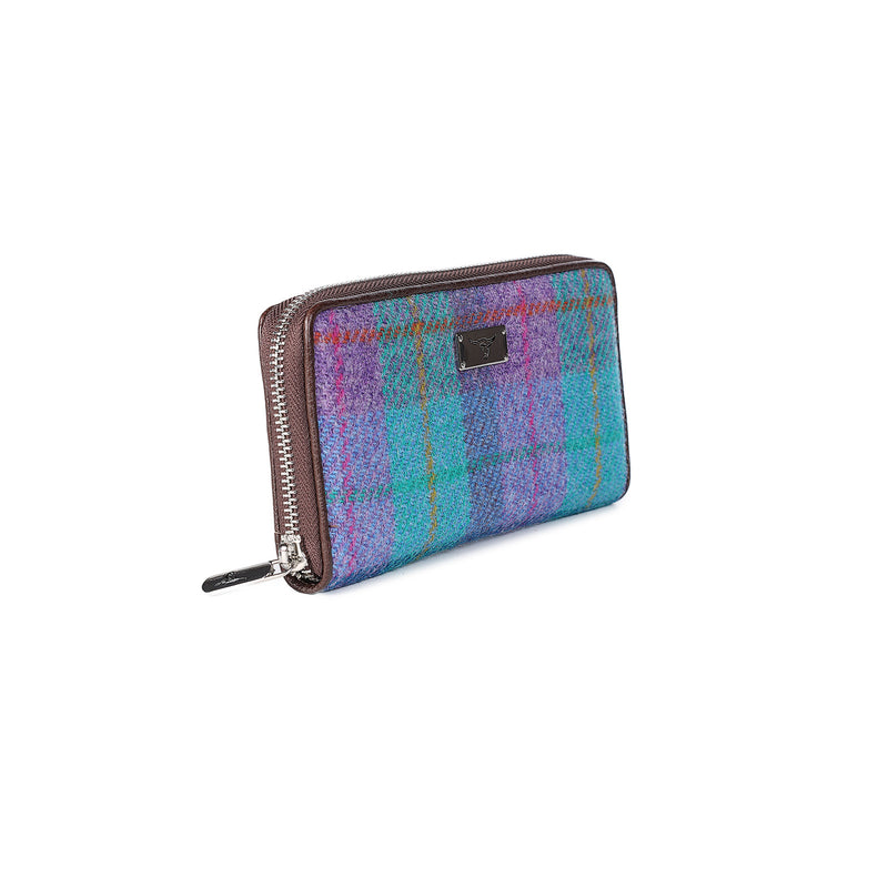 Harris Tweed Long Zip Purse-Staffa Green & Purple Check