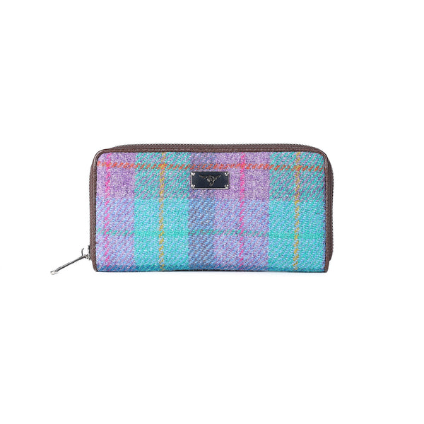 Harris Tweed Long Zip Purse-Staffa Green & Purple Check