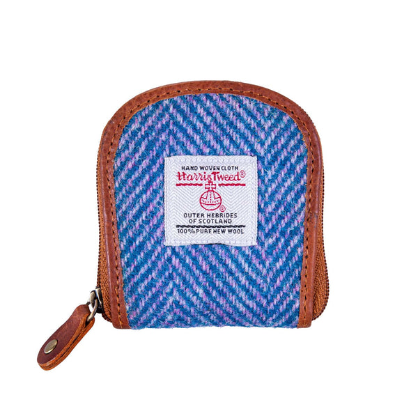 Ladies Ht Leather Coin Purse Blue & Pink Herringbone / Tan